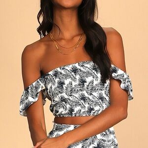 Lulus Navy Blue & White Tropical Print Smocked Off Shoulder Crop Top Size Medium